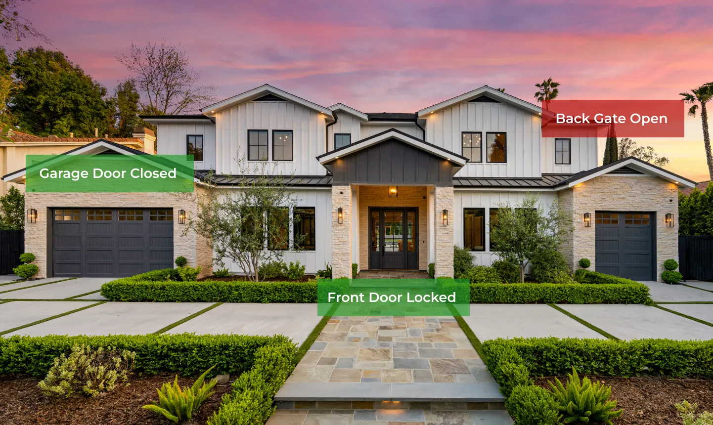 Home with alerts: back gate open, front door locked