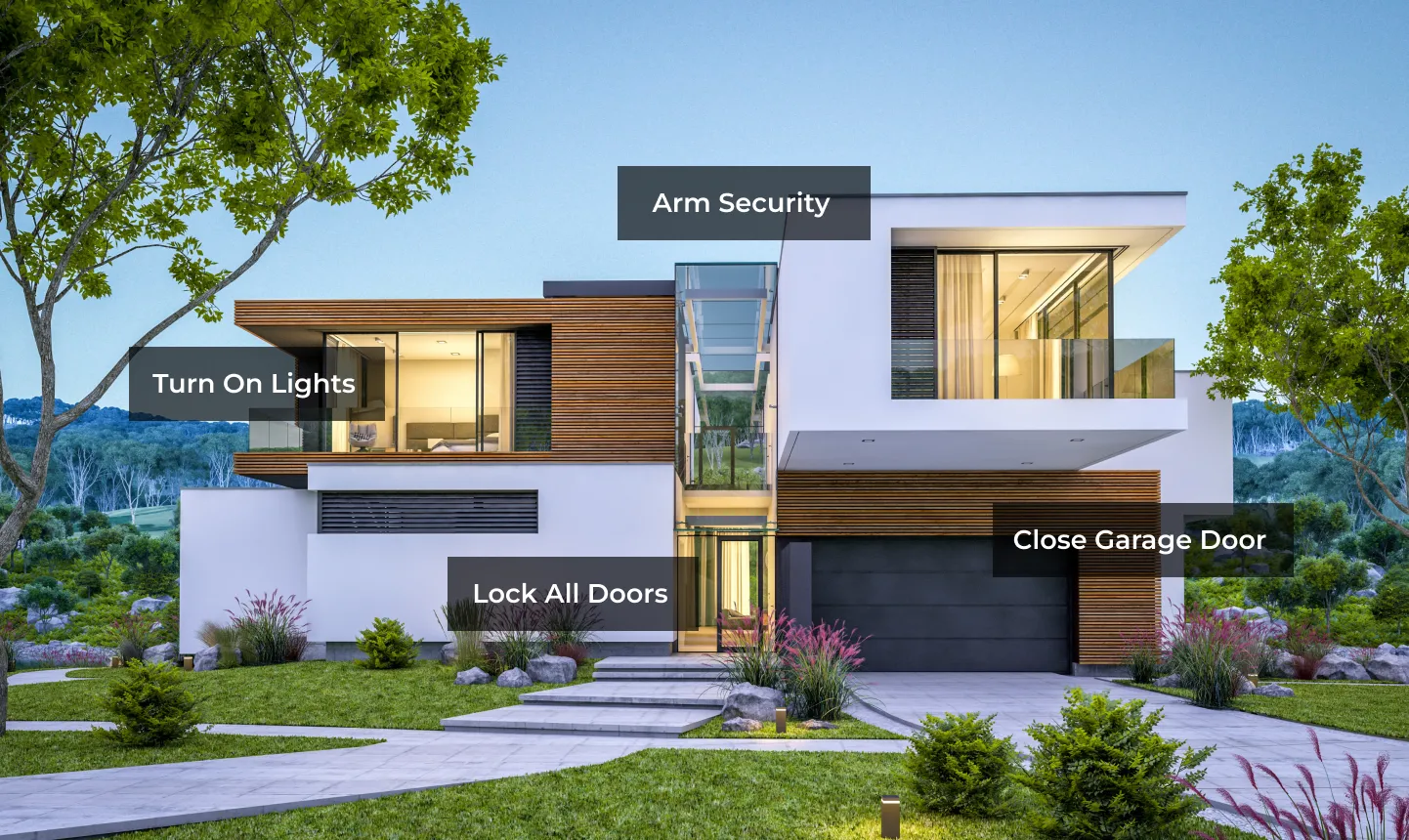 Home with arm security, lock all doors and lights scenes