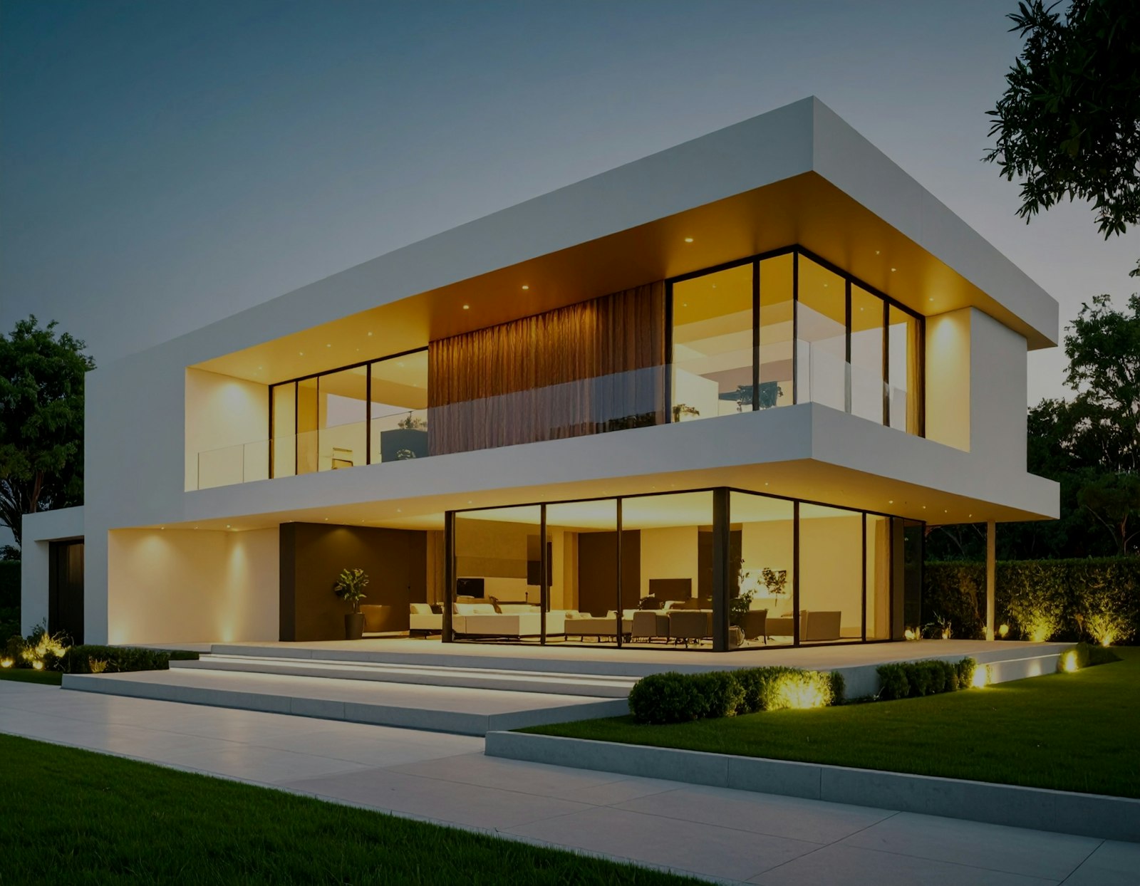 Modern home at dusk with interior lighting